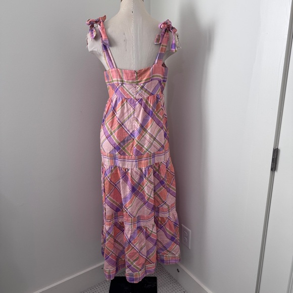 Anthropologie Kachel Medium Tie Strap Linen Maxi Dress ~ Pink Plaid Cottage - Picture 3 of 7
